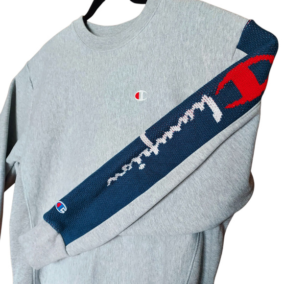 Champion Reverse Weave Knit Sleeve Spell Out Mens Gray Crew Neck Sweatshirt Sz M - Picture 1 of 8